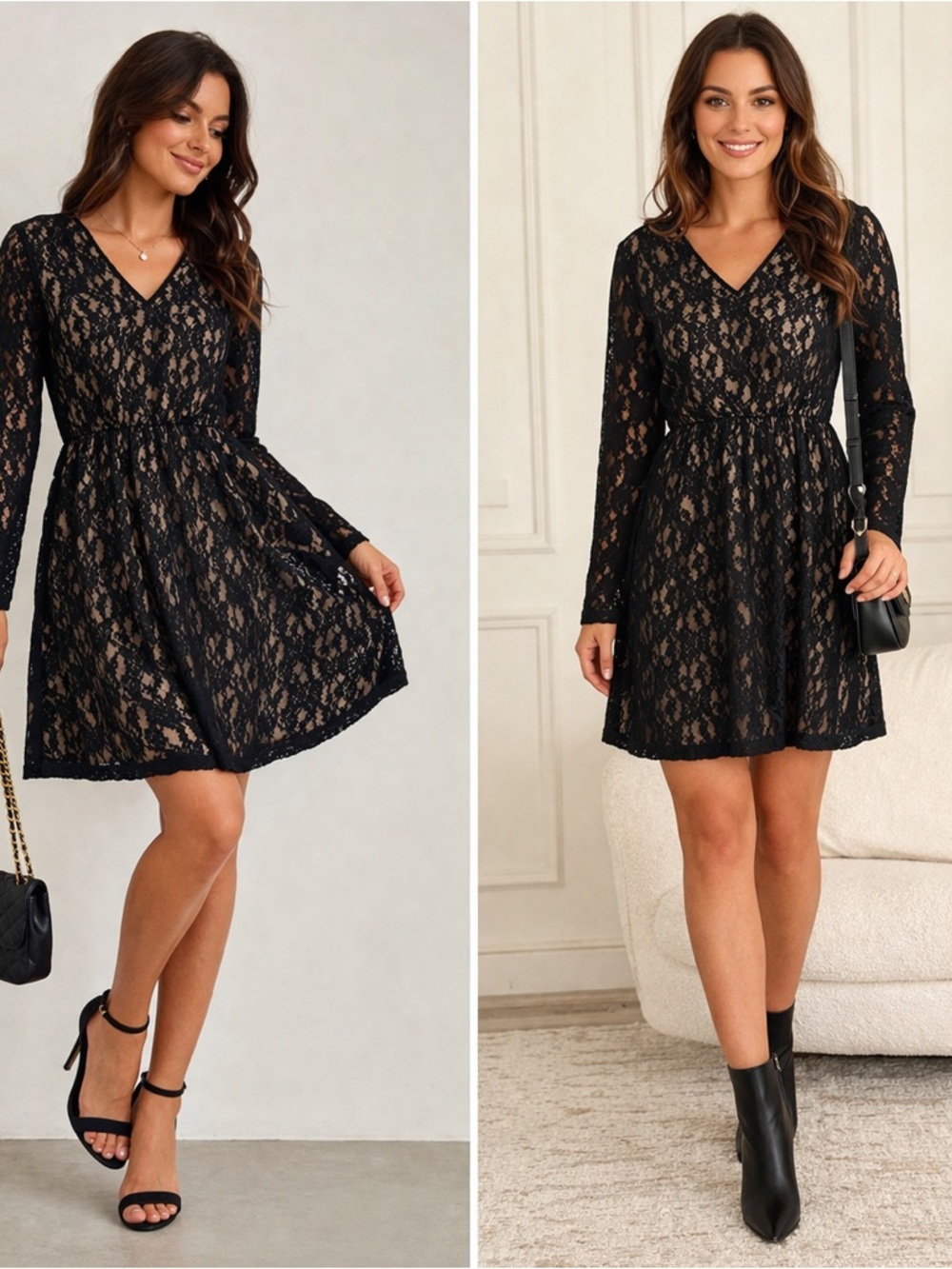 Altar'd State Black Lace V‑Neck Long Sleeve Mini Dress 05-0190